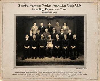 Photograph - Sunshine Harvester Welfare Association Quit Club Annealling Department Team Premiers 1945, Hilda Mitchell Studios, 1945