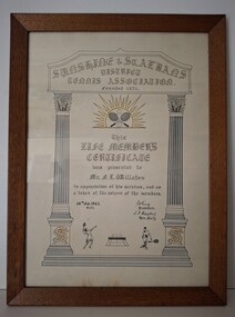 Certificate - Sunshine & St. Albans District Tennis Association Mr. Frederick Lionel Willaton Life Member Certificate