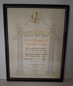 Certificate - Sunshine Golf Club Frederick Lionel Willaton Life Membership Certificate, 25th November 1949