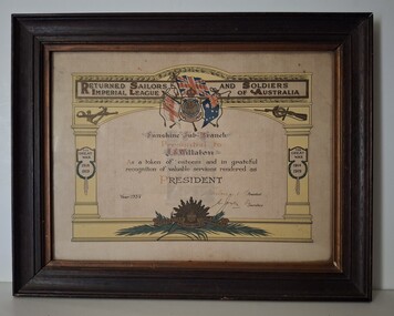 Certificate - Returned Sailors and Soldiers Imperial League of Australia John Sherlock Willaton President's Certificate 1937, 1937