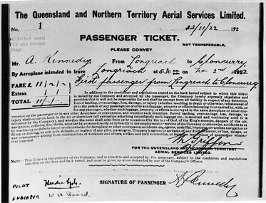 Ephemera - The Queensland and Nortern Territory Aerial Service Limited (QANTAS) Passenger Ticket, 1922