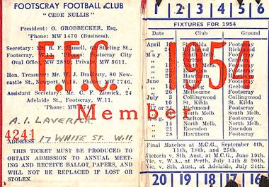 Ephemera - Footscray Football Club 1954 Membership Card, 1954