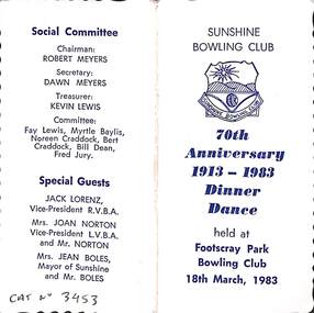 Ephemera - Sunshine Bowling Club 70th Anniversary 1913 - 1983 Dinner Dance Ticket, 1983