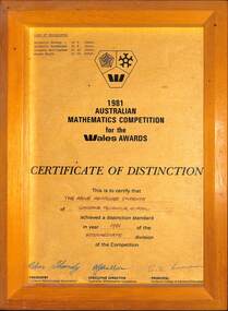 Certificate - Sunshine Technical School Mathematics Certificate Of Distinction 1981