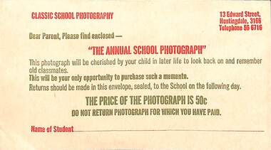 Administrative record - Sunshine Technical School Memorabilia - School Photograph Order Envelope