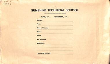 Administrative record - Sunshine Technical School Memorabilia - Exam Envelope