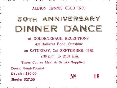 Ephemera - Albion Tennis Club 50th Anniversary Dinner Dance Ticket, 1988