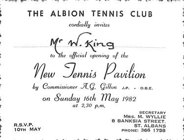 Ephemera - Albion Tennis Club New Tennis Pavilion Official Opening Invite, 1982