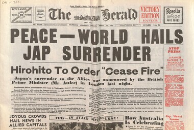 Newspaper - The Herald Newspaper - Peace World Hails Jap Surrender, The Herald, 15th August 1945