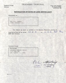 Administrative record - Daryl Keeble Collection - Notification of Dates of Long Service Leave for Daryl Keeble