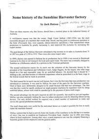 Document - Some History Of The Sunshine Harvester Factory By Jack Hutson, Jack Hutson, 2002