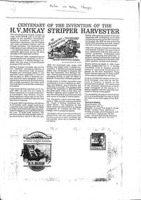 Article - H.V. McKay Stripper Harvester Centenary