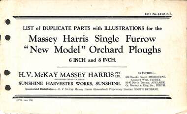 Manual - Sunshine Harvester Mckay Massey Harris - List of duplicate parts with illustrations for the Massey Harris Single Furrow New Model Orchard Ploughs 6 Inch & 8 Inch