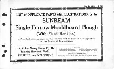 Manual - Sunshine Harvester Mckay Massey Harris - List of duplicate parts with illustrations for the Sunbean Single Furrow Mouldboard Plough With Fixed Handles
