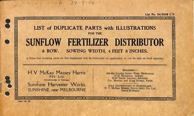 Manual - Sunshine Harvester McKay Massey Harris - List of duplicate parts with illustrations for Massey Harris Sunflow fertilizer distributor, H.V. McKay Massey Harris