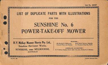 Manual - Sunshine Harvester McKay Massey Harris - List of duplicate parts with illustrations for the Sunshine No 6 Power Take Off Mower
