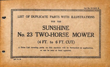 Manual - Sunshine Harvester McKay Massey Harris - List of duplicate parts with illustrations for the Sunshine No 23 Two Horse Mower 4ft & 6ft Cut