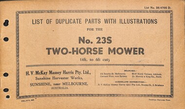 Manual - Sunshine Harvester McKay Massey Harris - List of duplicate parts with illustrations for the No 23S Two Horse Mower