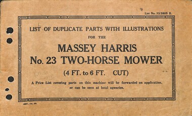 Manual - Sunshine Harvester McKay Massey Harris - List of duplicate parts with illustrations for the Marris Harris No 23 Two Horse Mower 4ft & 6ft Cut