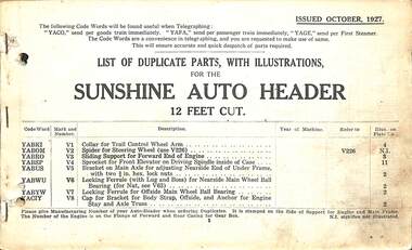 Manual - Sunshine Harvester McKay Massey Harris - List of duplicate parts with illustrations for the Sunshine Auto Header 12 Feet Cut 1927