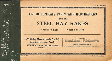 Manual - Sunshine Harvester McKay Massey Harris - List of duplicate parts with illustrations for the Steel Hay Rakes 8ft & 9ft