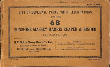 Manual - Sunshine Harvester McKay Massey Harris - List of duplicate parts with illustrations for the 6B Sunshine Massey Harris Reaper & Binder