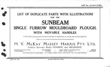 Manual - Sunshine Harvester McKay Massey Harris - List of duplicate parts with illustrations for the Sunbean Single Furrow Mouldboard Plough With Movable Handles