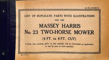 Manual - Sunshine Harvester McKay Massey Harris - List of duplicate parts with illustrations for the Massey Harris No 23 Two Horse Mower 4ft & 6ft Cut