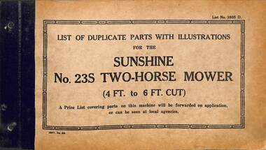 Manual - Sunshine Harvester McKay Massey Harris - List of duplicate parts with illustrations for the Massey Harris No 23S Two Horse Mower 4ft & 6ft Cut