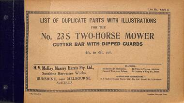 Manual - Sunshine Harvester McKay Massey Harris - List of duplicate parts with illustrations for the Massey Harris No 23S Two Horse Mower Cutter Bar 4ft & 6ft Cut