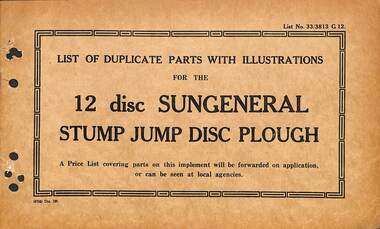 Manual - Sunshine Harvester McKay Massey Harris - List of duplicate parts with illustrations for the 12 Disc Sungeneral Stump Jump Disc Plough