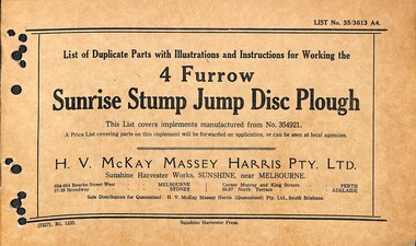Manual - Sunshine Harvester McKay Massey Harris - List of duplicate parts with illustrations for the 4 Furrow Sunrise Stump Jump Disc Plough