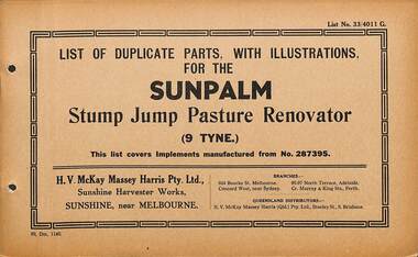 Manual - Sunshine Harvester McKay Massey Harris - List of duplicate parts with illustrations for the Sunpalm Stump Jump Pasture Renovator 9 Tyne