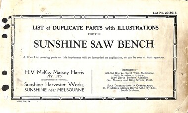 Manual - Sunshine Harvester McKay Massey Harris - List of duplicate parts with illustrations for the Sunshine Saw Bench