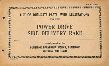 Manual - Sunshine Harvester McKay Massey Harris - List of duplicate parts with illustrations for the Power Drive Side Delivery Rake