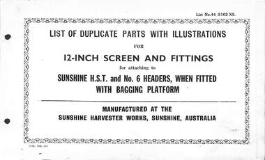 Manual - Sunshine Harvester McKay Massey Harris - List of duplicate parts with illustrations for the 12 Inch Screen And Fittings Attaching To Sunhine HST & No 6 Header