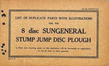Manual - Sunshine Harvester McKay Massey Harris - List of duplicate parts with illustrations for the 8 Disc Sungeneral Stump Jump Disc Plough