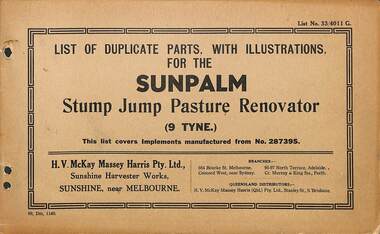 Manual - Sunshine Harvester McKay Massey Harris - List of duplicate parts with illustrations for the Sunplam Stump Jump Pasture Renovator 9 Tyne