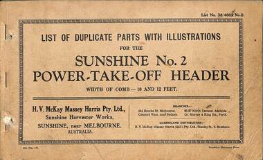 Manual - Sunshine Harvester McKay Massey Harris - List of duplicate parts with illustrations for the Sunshine No 2 Power Take Off Header Width Of Comb 10 & 12 Feet