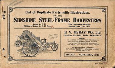 Manual - Sunshine Harvester McKay Massey Harris - List of duplicate parts with illustrations for the Sunshine Steel Frame Harvester Types C, E & H