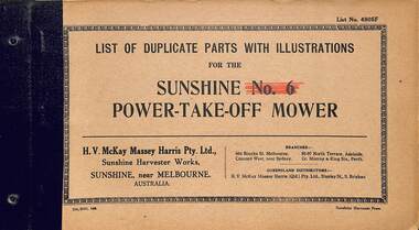 Manual - Sunshine Harvester McKay Massey Harris - List of duplicate parts with illustrations for the Sunshine No 6 Power Take Off Mower