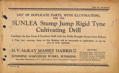 Manual - Sunshine Harvester McKay Massey Harris - List of duplicate parts with illustrations for the Sunlea Stump Jump Rigid Tyne Cultivator Drill