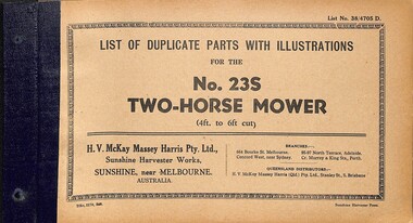 Manual - Sunshine Harvester McKay Massey Harris - List of duplicate parts with illustrations for the No 23S Two Horse Mower 4ft & 6ft Cut