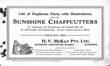 Manual - Sunshine Harvester McKay Massey Harris - List of duplicate parts with illustrations for the Sunshine Chaffcutters No 2 Stationary & 2XP Portable