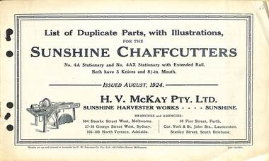 Manual - Sunshine Harvester McKay Massey Harris - List of duplicate parts with illustrations for the Sunshine Chaffcutters No 4A Stationary & 4AX Portable