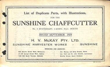 Manual - Sunshine Harvester McKay Massey Harris - List of duplicate parts with illustrations for the Sunshine Chaffcutter No 4 Stationary 2 Knife 8.5 Inch Mouth