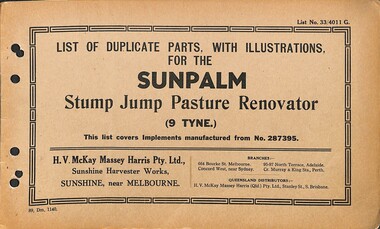 Manual - Sunshine Harvester McKay Massey Harris - List of duplicate parts with illustrations for the Sunpalm Stump Jump Pasture Renovator 9 Tyne