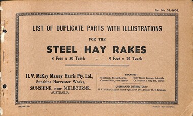 Manual - Sunshine Harvester McKay Massey Harris - List of duplicate parts with illustrations for the Steel Hay Rakes 8 Feet x 30 Teeth To 9 Feet x 34 Teeth