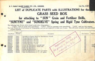 Manual - Sunshine Harvester McKay Massey Harris - List of duplicate parts with illustrations for the Grass Seed Box