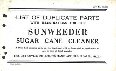 Manual - Sunshine Harvester McKay Massey Harris - List of duplicate parts with illustrations for the Sunweeder Sugar Cane Cleaner